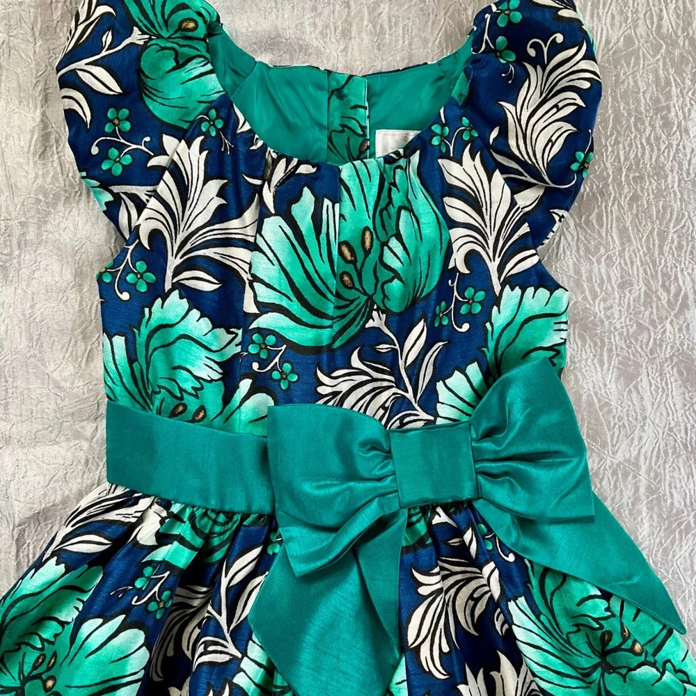 Gymboree‎ Dressed Up Girls Teal Navy Floral Glitter Party Dress Bow Size 6 Fancy